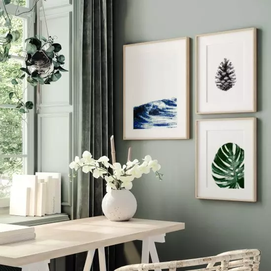 Welle-Pixel-Poster-ausgemalt-Wand-Dekoration-Büro-Monstera-Tannenzapfen-Salbei-Wandfarbe
